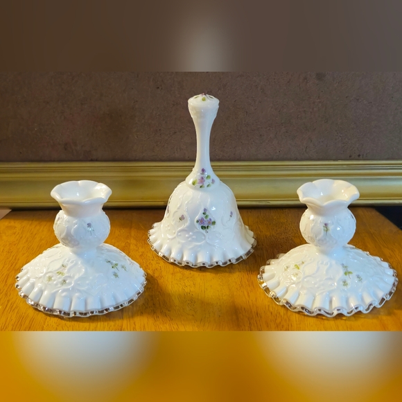Fenton Bell & 2 Candle Holders in the Spanish Lace pattern a Violets in the Snow